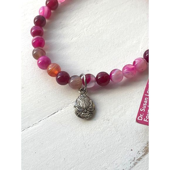 cfc Semi-Precious Agate Bright Pink Beaded Bracelet with Silver Tone Lotus Charm - Picture 2 of 5